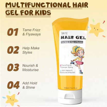 Samnyte Hair Gel for Kids - Fly Away Hair Tamer, Styling Gel with Vitamin E, Flexible Hold for Boys & Girls, 3.4 Fl Oz