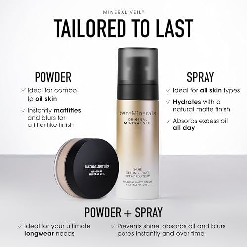 bareMinerals Original Mineral Veil Natural Matte Setting Spray, 24HR Makeup Lock & Oil Control, Alcohol-Free, Sweat & Transfer-Proof, Ultra-Fine Mist for Smooth, Matte Finish - görsel 14