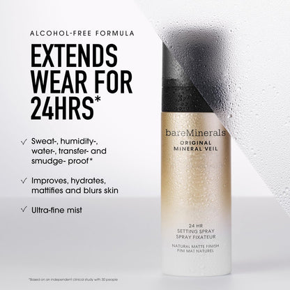 bareMinerals Original Mineral Veil Natural Matte Setting Spray, 24HR Makeup Lock & Oil Control, Alcohol-Free, Sweat & Transfer-Proof, Ultra-Fine Mist for Smooth, Matte Finish
