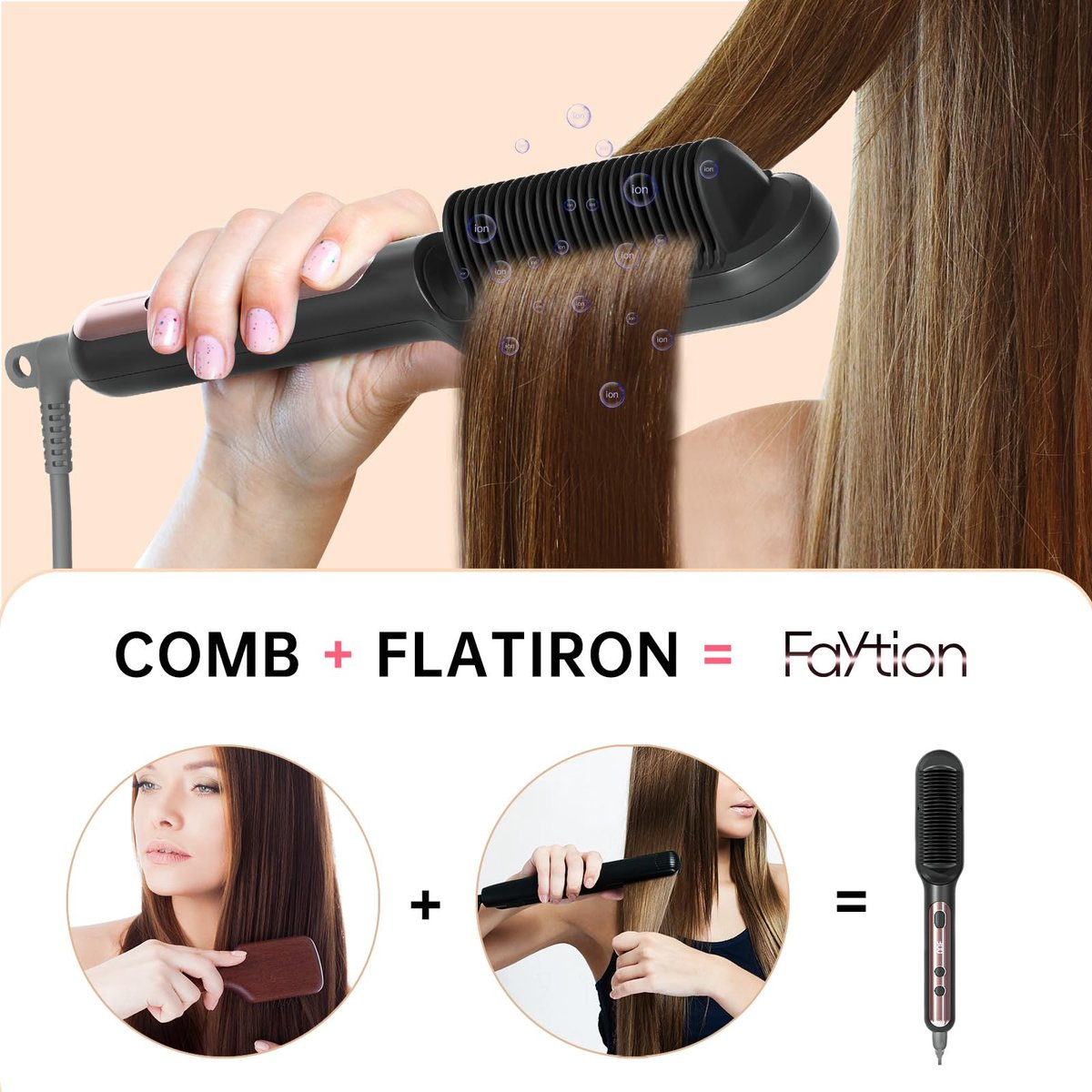 Faytion Hair Straightener Brush with 9 Temperatures - Negative Ionic Straightening Brush for Hair Care, Ceramic Straightener Comb with Anti-Scald Design, 30s Fast Heating & Auto-Off, Dual Voltage (Rose Gold) - görsel 3