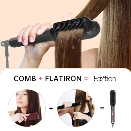 Faytion Hair Straightener Brush with 9 Temperatures - Negative Ionic Straightening Brush for Hair Care, Ceramic Straightener Comb with Anti-Scald Design, 30s Fast Heating & Auto-Off, Dual Voltage (Rose Gold) - görsel 4