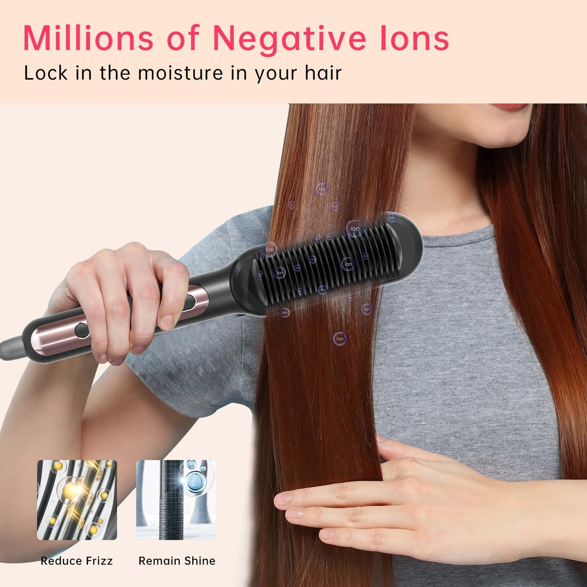 Faytion Hair Straightener Brush with 9 Temperatures - Negative Ionic Straightening Brush for Hair Care, Ceramic Straightener Comb with Anti-Scald Design, 30s Fast Heating & Auto-Off, Dual Voltage (Rose Gold) - görsel 7