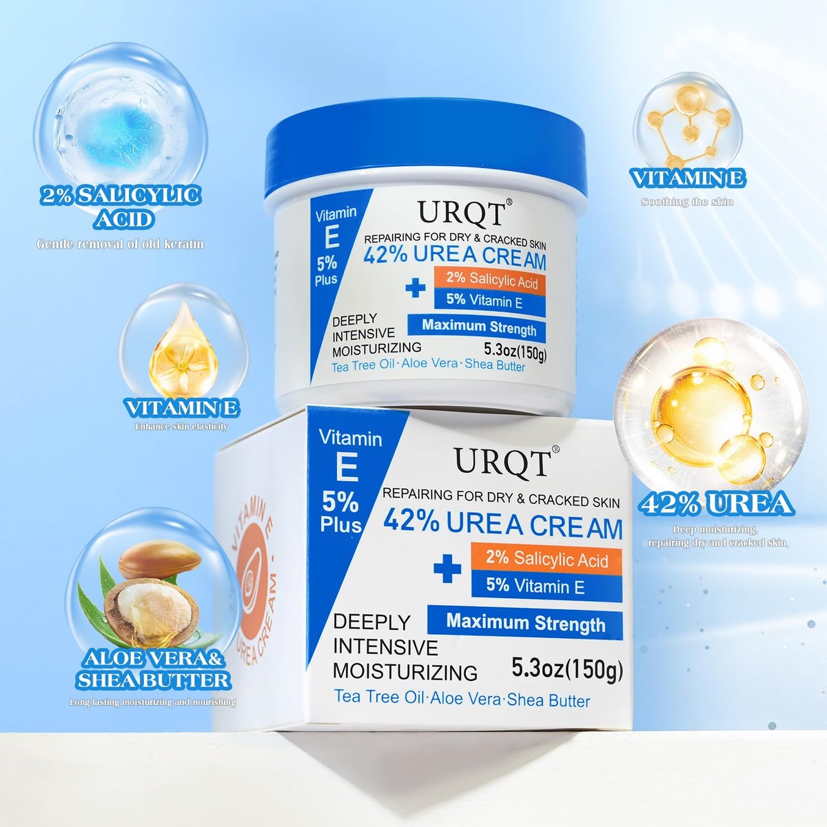 42% Urea Cream for Dry & Cracked Skin - Maximum Strength Foot & Hand Cream with 2% Salicylic Acid, 5% Vitamin E, Tea Tree Oil, Aloe Vera, Shea Butter - Moisturizer & Skin Repair Cream for Feet - görsel 7