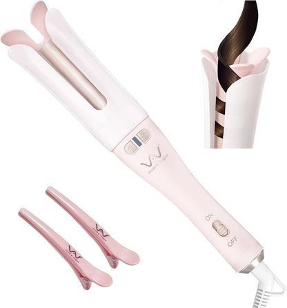 VAV Rotating Hair Curler & Automatic Curling Iron - 1.25-Inch Barrel for Medium/Long Hair, Tangle-Free, Speedy Curls, 392°F, Easy to Use for Beginners (Pink)