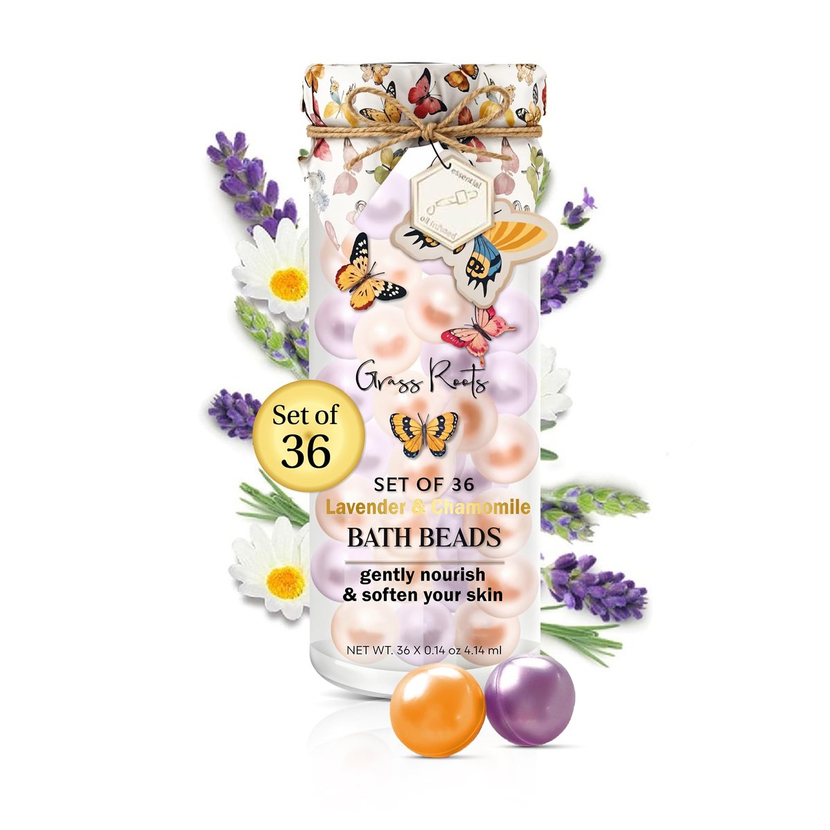 Grass Roots Lavender & Chamomile Bath Oil Beads (Set of 36) – Essential Oil Soaked Pearls for Soft, Nourished Skin Avelisse