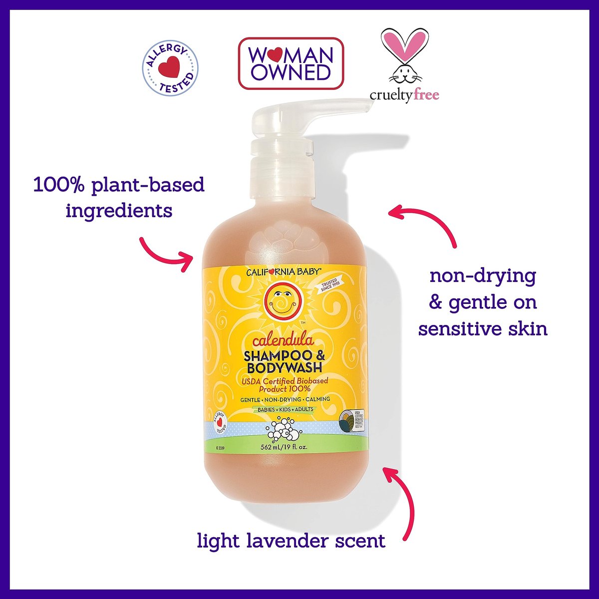 California Baby Kids Shampoo + Body Wash | Calendula | Soothing Skin Care for Kids & Teens | 100% Plant-Based | Lavender Scent | Hypoallergenic | 19 oz - görsel 5