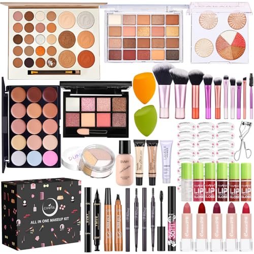 All-in-One Makeup Kit for Women - Full Makeup Set with Eyeshadow Palette, Concealer, Lipstick, Eyeliner, Eyebrow Stencils, Mascara & Cosmetic Brush Set Avelisse