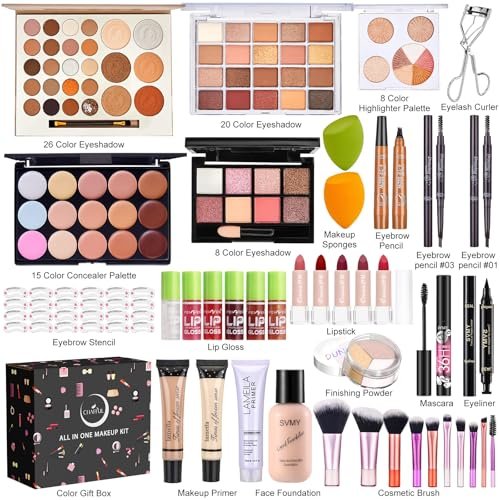 All-in-One Makeup Kit for Women - Full Makeup Set with Eyeshadow Palette, Concealer, Lipstick, Eyeliner, Eyebrow Stencils, Mascara & Cosmetic Brush Set Avelisse