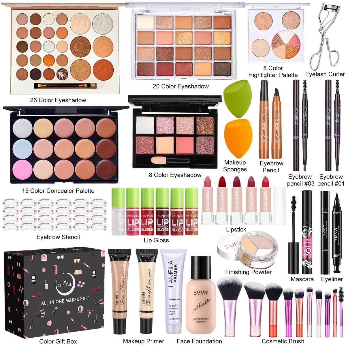 All-in-One Makeup Kit for Women - Full Makeup Set with Eyeshadow Palette, Concealer, Lipstick, Eyeliner, Eyebrow Stencils, Mascara & Cosmetic Brush Set Avelisse