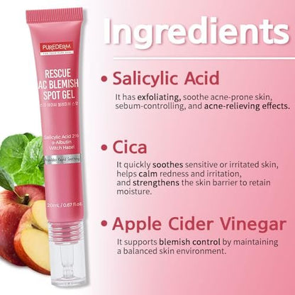 Purederm Blemish Spot Treatment Gel with Salicylic Acid 2% – Soothing Acne Care for Irritated Skin, Day & Night Use, 20ml