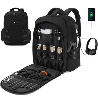 OUUTMEE Barber Supplies Bag - Portable Backpack for Clippers & Tools, Travel Hairstylist Organizer with USB Port, Black Avelisse