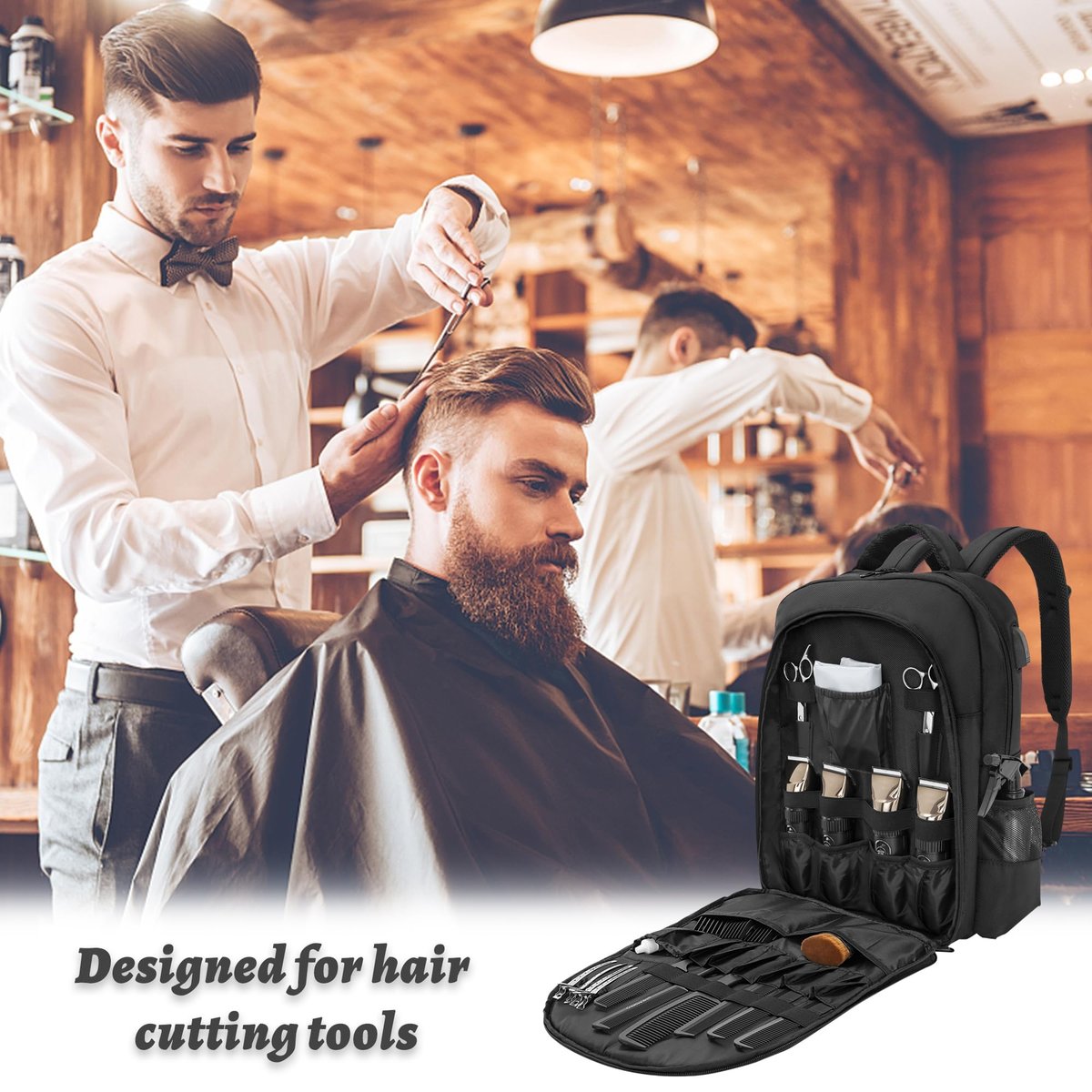 OUUTMEE Barber Supplies Bag - Portable Backpack for Clippers & Tools, Travel Hairstylist Organizer with USB Port, Black Avelisse