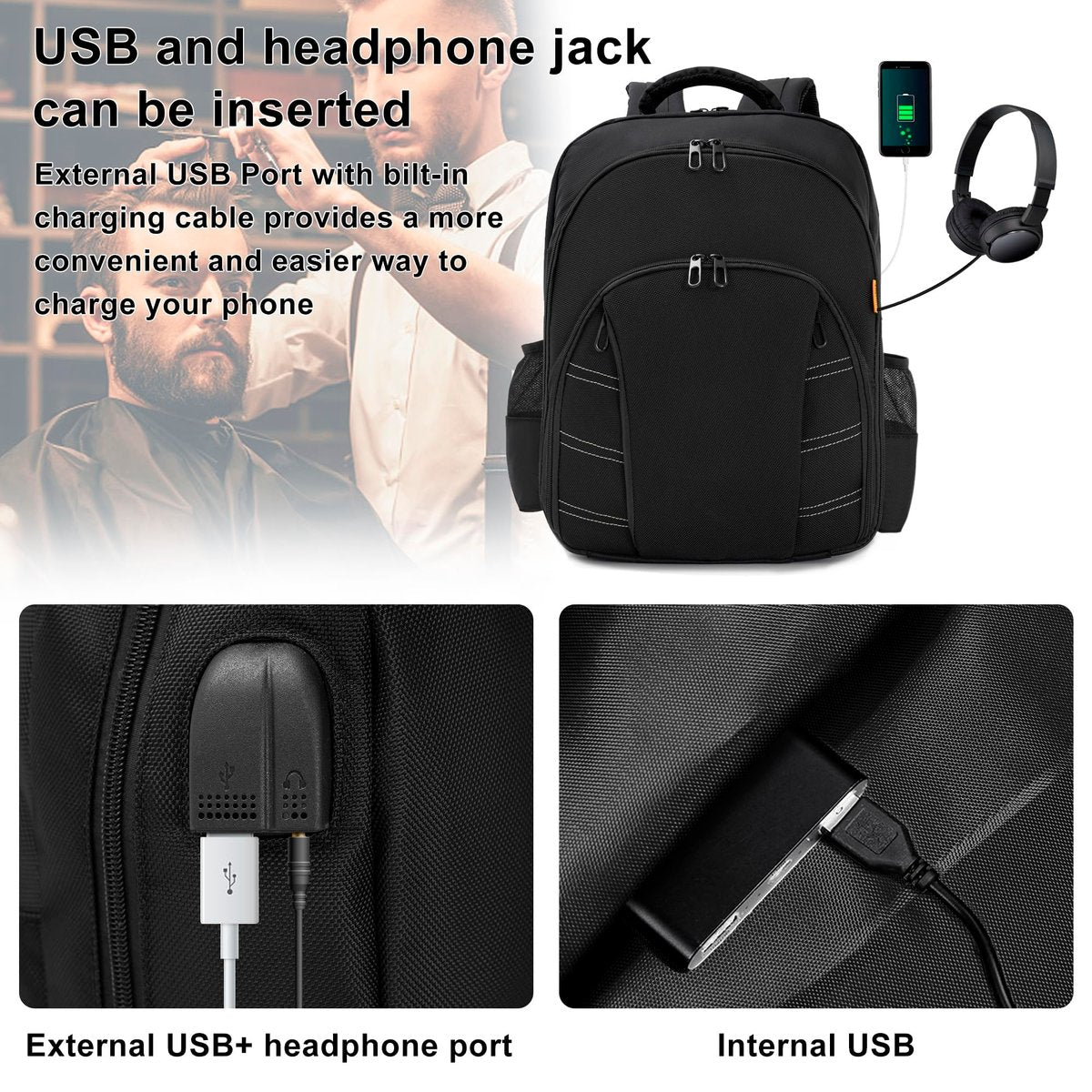OUUTMEE Barber Supplies Bag - Portable Backpack for Clippers & Tools, Travel Hairstylist Organizer with USB Port, Black Avelisse