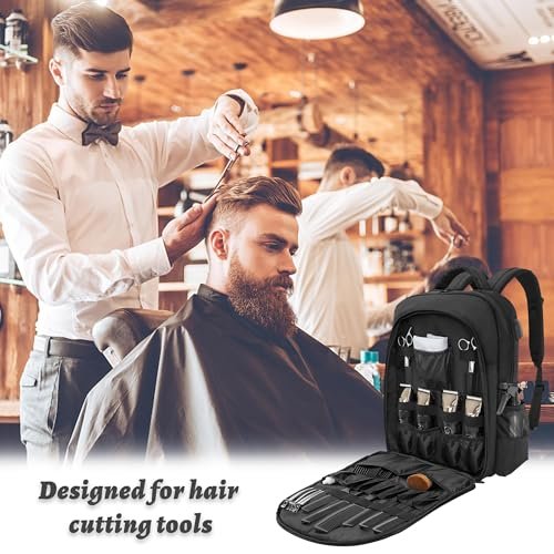 OUUTMEE Barber Supplies Bag - Portable Backpack for Clippers & Tools, Travel Hairstylist Organizer with USB Port, Black Avelisse