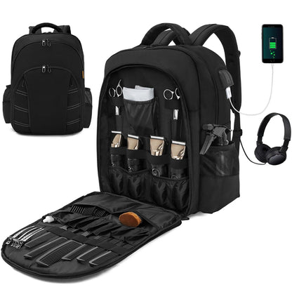OUUTMEE Barber Supplies Bag - Portable Backpack for Clippers & Tools, Travel Hairstylist Organizer with USB Port, Black Avelisse