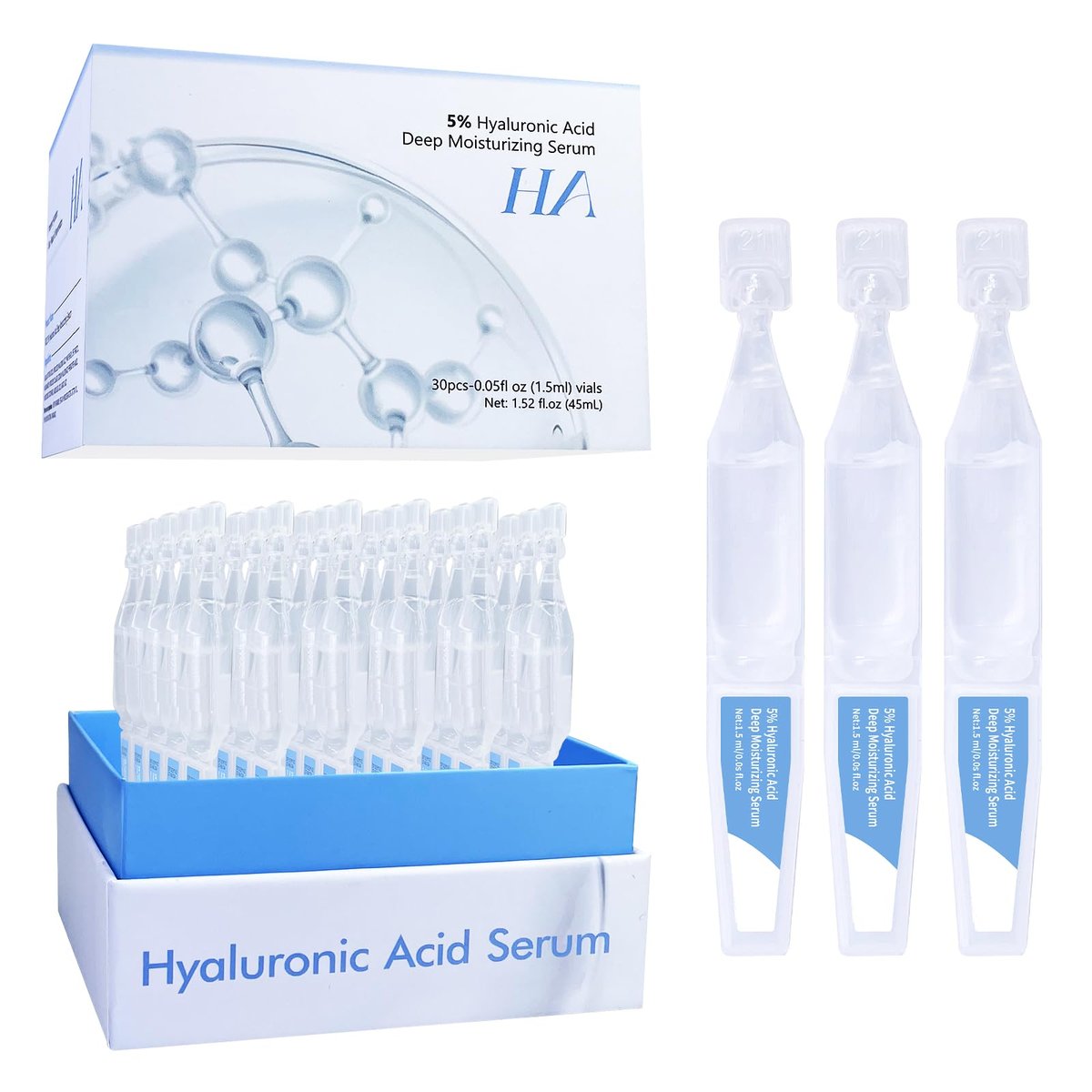 5% Hyaluronic Acid Serum Ultra Moisturizing & Elastic Skin - Wake Nature Perfection Hyaluronic Acid - Anti-Aging Serum for Face Single-Use Vials Skincare - Repair Sensitive Skin (1.5 ml)*30 Avelisse
