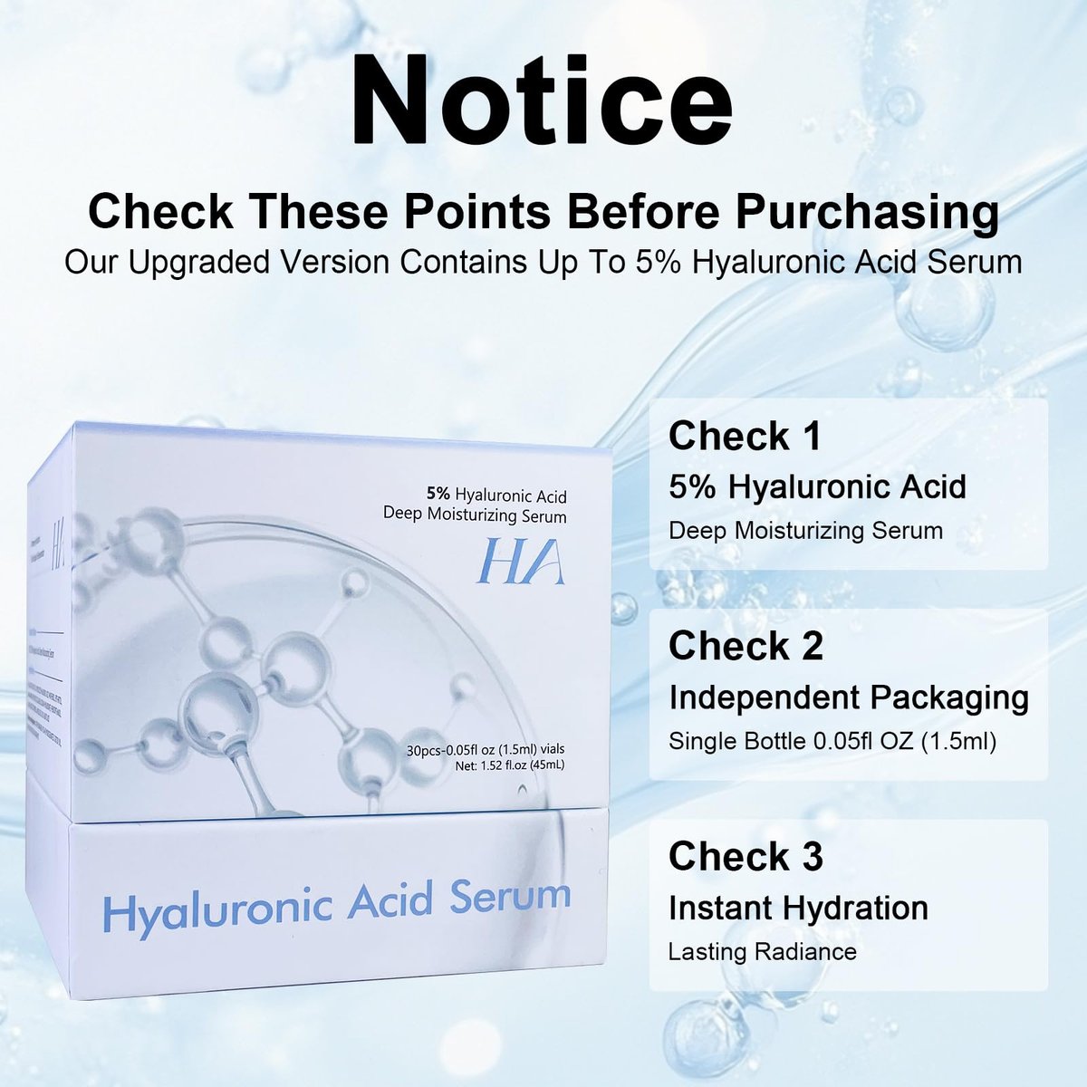 5% Hyaluronic Acid Serum Ultra Moisturizing & Elastic Skin - Wake Nature Perfection Hyaluronic Acid - Anti-Aging Serum for Face Single-Use Vials Skincare - Repair Sensitive Skin (1.5 ml)*30 Avelisse