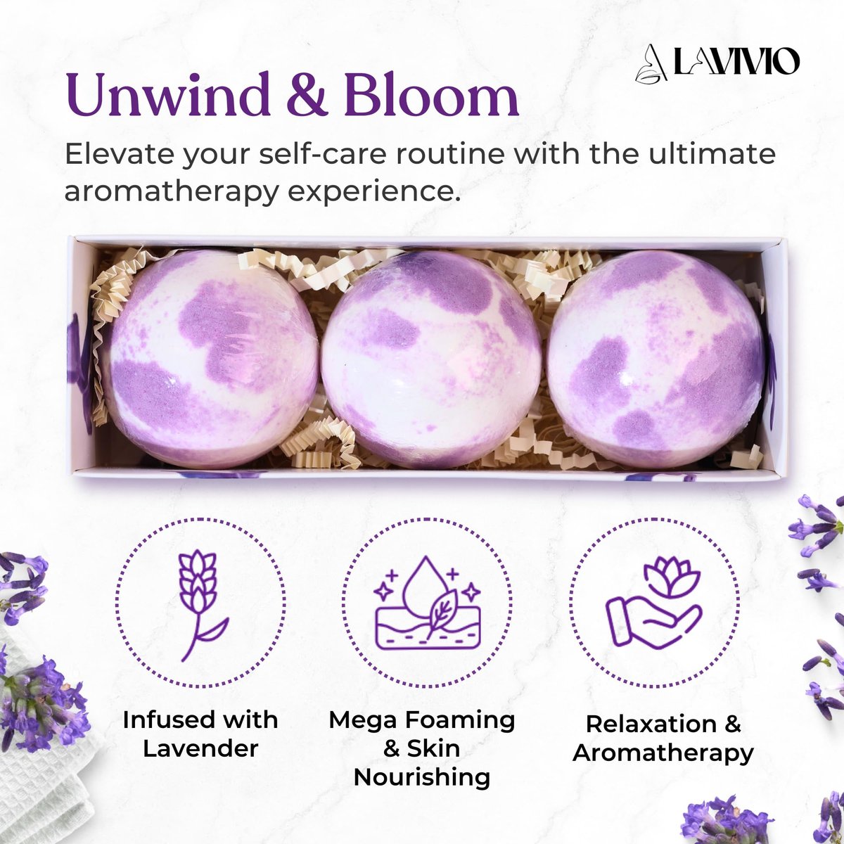 Lavivio Lavender Bath Bombs for Women – Mega Foaming with Shea Butter & Essential Oils – Relaxing, Moisturizing Gift Set (3 x 100g) Avelisse