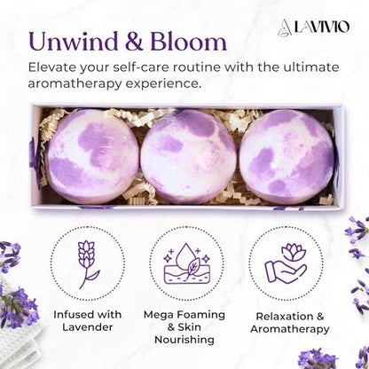 Lavivio Lavender Bath Bombs for Women – Mega Foaming with Shea Butter & Essential Oils – Relaxing, Moisturizing Gift Set (3 x 100g) Avelisse