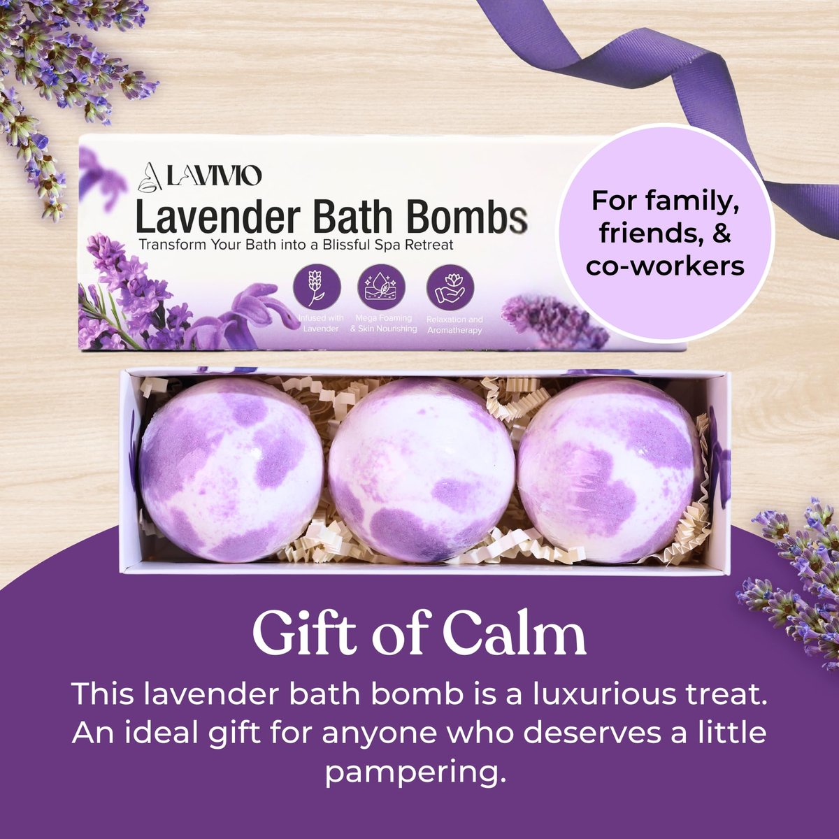 Lavivio Lavender Bath Bombs for Women – Mega Foaming with Shea Butter & Essential Oils – Relaxing, Moisturizing Gift Set (3 x 100g) Avelisse