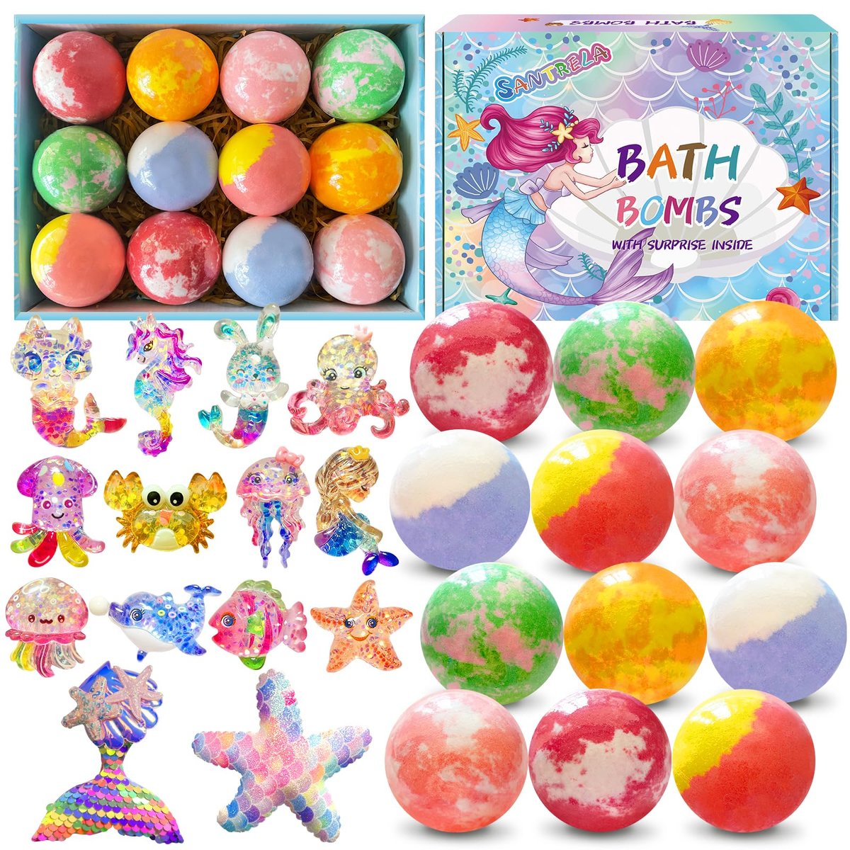 Santrela 12-Pack Bath Bombs for Kids with Surprise Inside – Mermaid Toys Gift Set, Shea & Cocoa Butter Moisturizing Bath Balls, Colorful Spa Fun for Girls, Birthday Easter Gift Avelisse