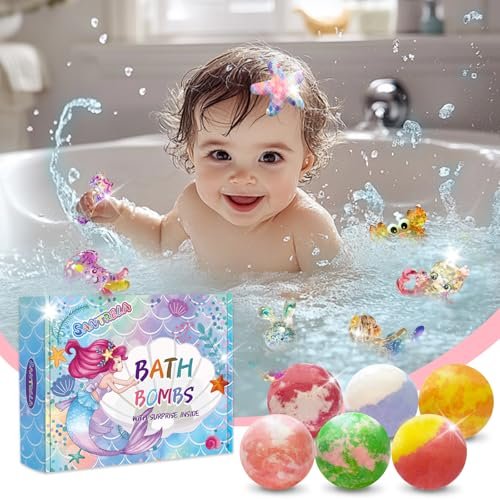 Santrela 12-Pack Bath Bombs for Kids with Surprise Inside – Mermaid Toys Gift Set, Shea & Cocoa Butter Moisturizing Bath Balls, Colorful Spa Fun for Girls, Birthday Easter Gift Avelisse