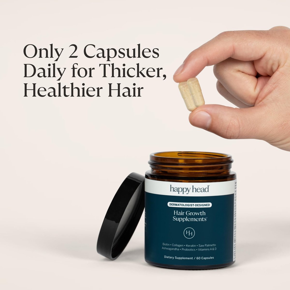 Happy Head Hair Supplement Capsules for Men & Women – Biotin, Collagen, Keratin, Ashwagandha, Vitamins D & A, Saw Palmetto – 60 Capsules (1 Month Supply) Avelisse