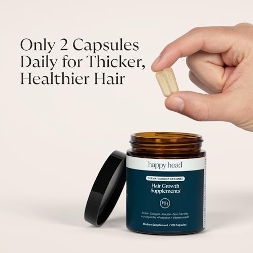 Happy Head Hair Supplement Capsules for Men & Women – Biotin, Collagen, Keratin, Ashwagandha, Vitamins D & A, Saw Palmetto – 60 Capsules (1 Month Supply) Avelisse