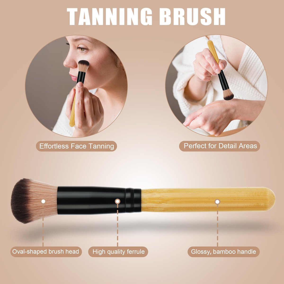 EVYTTA 3 Pcs Self Tanner Brush Set - Kabuki Body Brushes for Self Tanning, Back Applicator, Face Blending Brush - Synthetic Brown Avelisse
