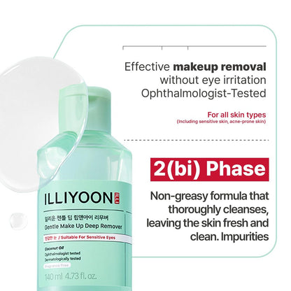 Illiyoon Gentle Deep Eye Makeup Remover - 2-Phase Oil & Water Formula for Waterproof Mascara, Lipstick, Eyeliner, Non-Greasy, Ophthalmologist Tested, Vegan, Korean Skin Care, 4.73 fl.oz. Avelisse