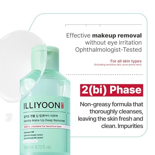 Illiyoon Gentle Deep Eye Makeup Remover - 2-Phase Oil & Water Formula for Waterproof Mascara, Lipstick, Eyeliner, Non-Greasy, Ophthalmologist Tested, Vegan, Korean Skin Care, 4.73 fl.oz. Avelisse