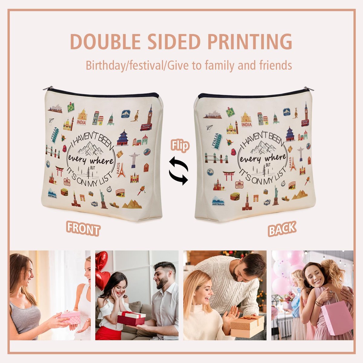 Girlly World Travel Gifts for Women Travelers: Cute Makeup Bag 'I Haven't Been Everywhere But It's on My List' - Ideal Trip Themed Cosmetic Bag for Teen Girls, Birthdays, Holidays - görsel 11