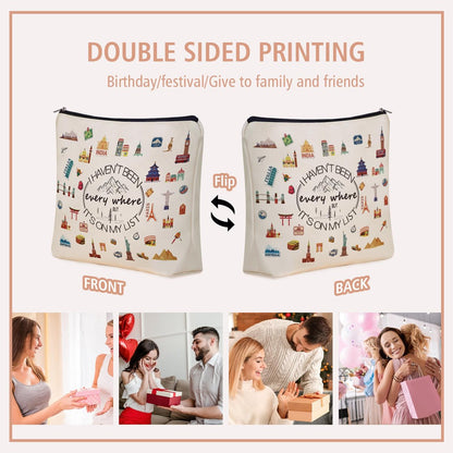 Girlly World Travel Gifts for Women Travelers: Cute Makeup Bag 'I Haven't Been Everywhere But It's on My List' - Ideal Trip Themed Cosmetic Bag for Teen Girls, Birthdays, Holidays