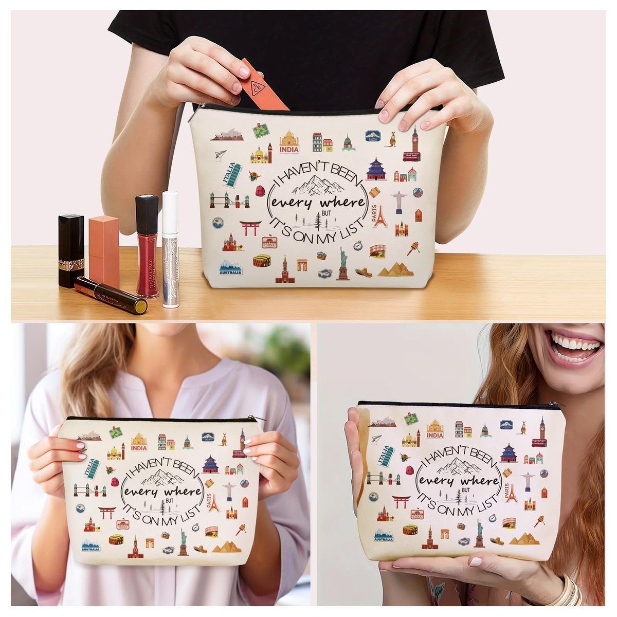 Girlly World Travel Gifts for Women Travelers: Cute Makeup Bag 'I Haven't Been Everywhere But It's on My List' - Ideal Trip Themed Cosmetic Bag for Teen Girls, Birthdays, Holidays - görsel 5