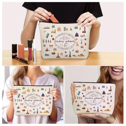 Girlly World Travel Gifts for Women Travelers: Cute Makeup Bag 'I Haven't Been Everywhere But It's on My List' - Ideal Trip Themed Cosmetic Bag for Teen Girls, Birthdays, Holidays
