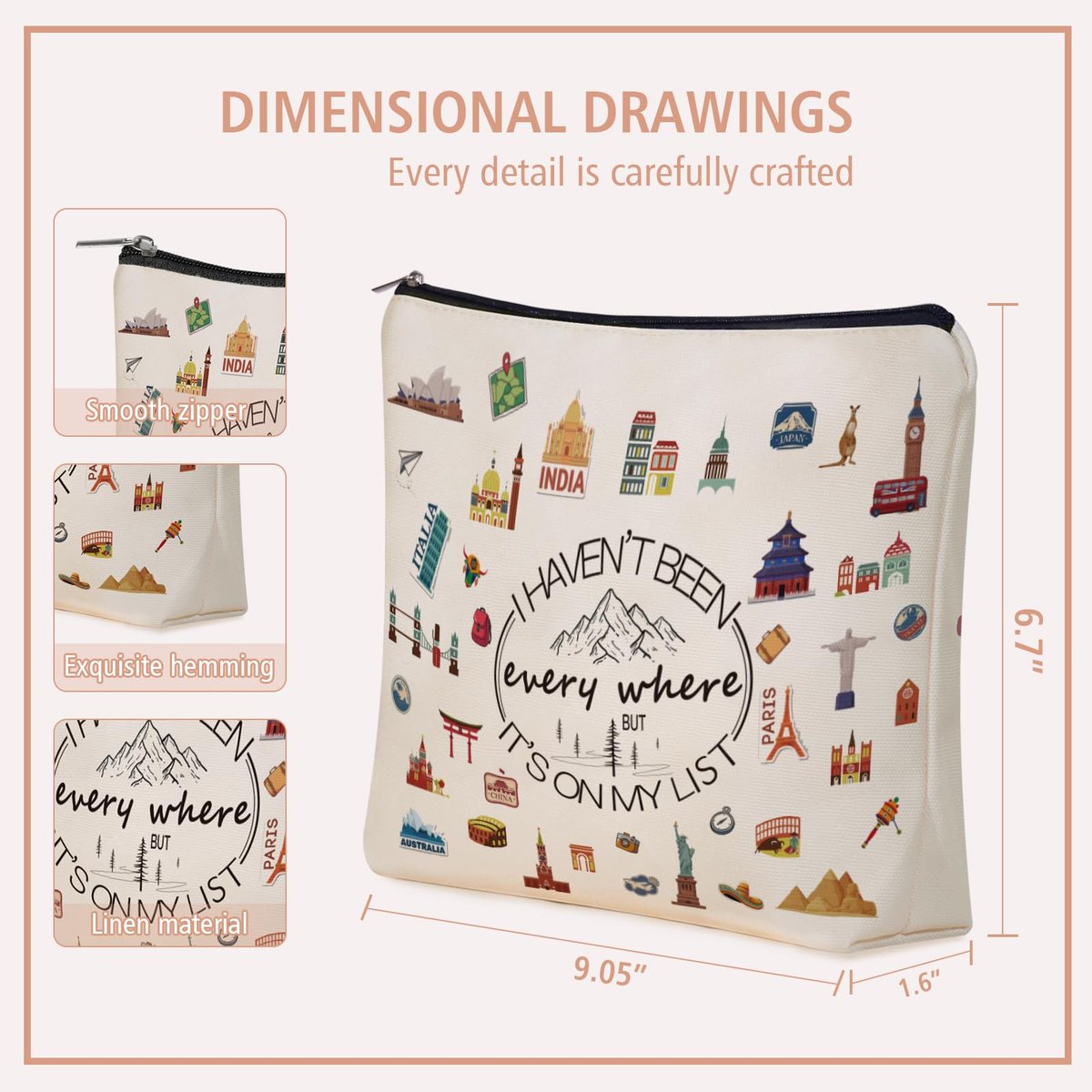 Girlly World Travel Gifts for Women Travelers: Cute Makeup Bag 'I Haven't Been Everywhere But It's on My List' - Ideal Trip Themed Cosmetic Bag for Teen Girls, Birthdays, Holidays - görsel 7