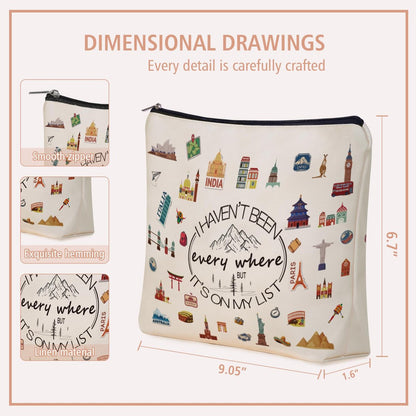 Girlly World Travel Gifts for Women Travelers: Cute Makeup Bag 'I Haven't Been Everywhere But It's on My List' - Ideal Trip Themed Cosmetic Bag for Teen Girls, Birthdays, Holidays