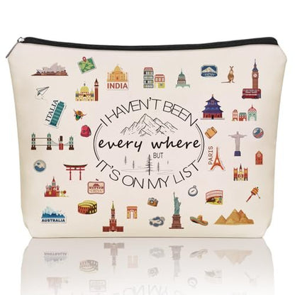 Girlly World Travel Gifts for Women Travelers: Cute Makeup Bag 'I Haven't Been Everywhere But It's on My List' - Ideal Trip Themed Cosmetic Bag for Teen Girls, Birthdays, Holidays