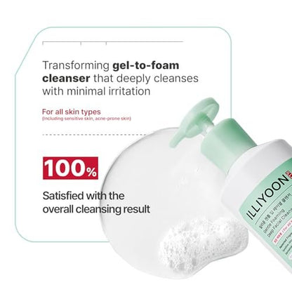 Illiyoon Gentle Deep Facial Cleanser | Low pH Gel-to-Foam Face Wash for Sensitive Skin, Hydrating Gel Cleanser & Daily Makeup Remover, Korean Skincare, 8.45 fl.oz.