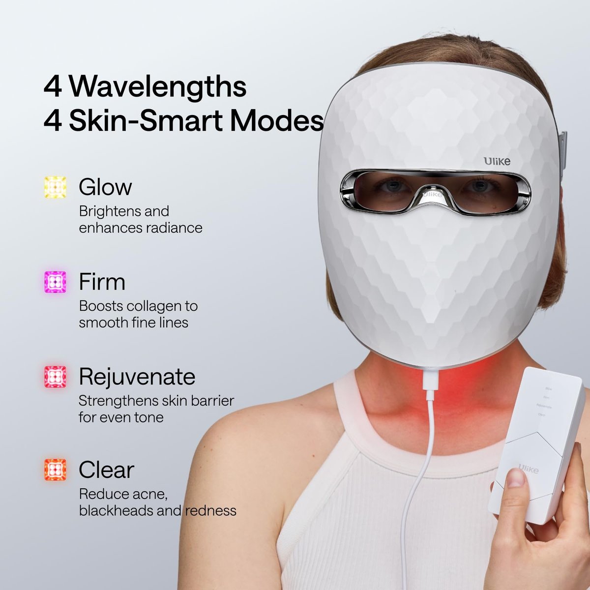 Ulike ReGlow LED Face Mask: Red, Blue, Yellow & Infrared Light Therapy for Anti-Aging & Acne – Cordless, Remote Control, Eye Protection, Home Skincare Device Avelisse