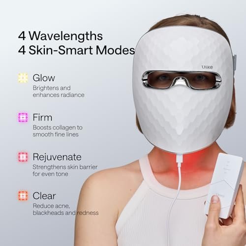 Ulike ReGlow LED Face Mask: Red, Blue, Yellow & Infrared Light Therapy for Anti-Aging & Acne – Cordless, Remote Control, Eye Protection, Home Skincare Device Avelisse