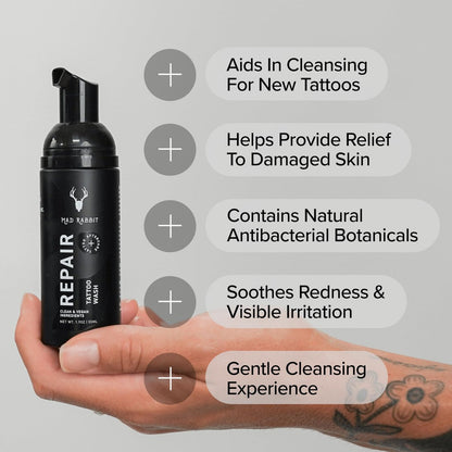 Mad Rabbit Tattoo Aftercare Soap - Fragrance Free Tattoo Foam Wash for New Tattoos - Unscented Tattoo Cleaner with Clean + Vegan Ingredients, 2oz