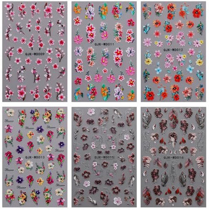 JMEOWIO 6 Sheets Flower Nail Art Stickers Decals - Self-Adhesive Spring Summer Floral Nail Supplies for DIY Nail Design