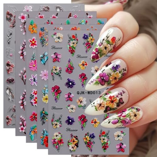 JMEOWIO 6 Sheets Flower Nail Art Stickers Decals - Self-Adhesive Spring Summer Floral Nail Supplies for DIY Nail Design - görsel 1