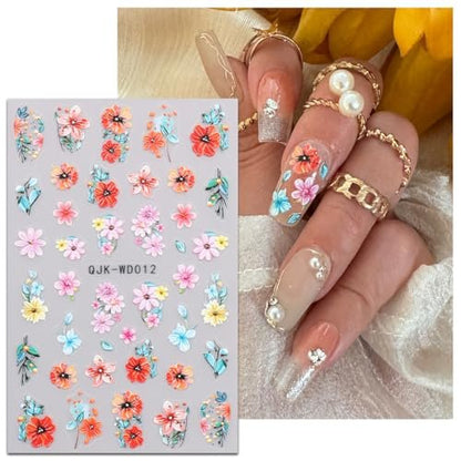 JMEOWIO 6 Sheets Flower Nail Art Stickers Decals - Self-Adhesive Spring Summer Floral Nail Supplies for DIY Nail Design