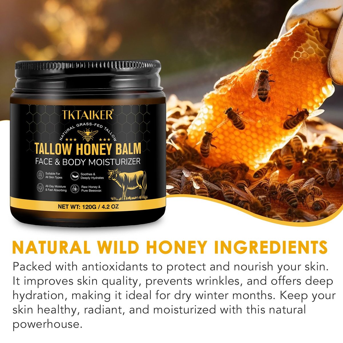 Beef Tallow for Skin & Face – Hydrating Tallow Balm with Raw Honey & Beeswax, Grass-Fed Tallow & Wild Honey Blend, Natural Moisturizer for Dry & Sensitive Skin, Light Scent, 4.2 oz Avelisse