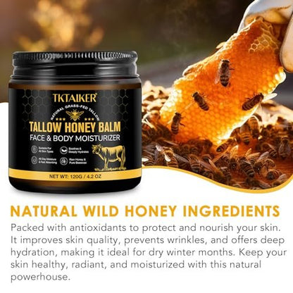 Beef Tallow for Skin & Face – Hydrating Tallow Balm with Raw Honey & Beeswax, Grass-Fed Tallow & Wild Honey Blend, Natural Moisturizer for Dry & Sensitive Skin, Light Scent, 4.2 oz Avelisse