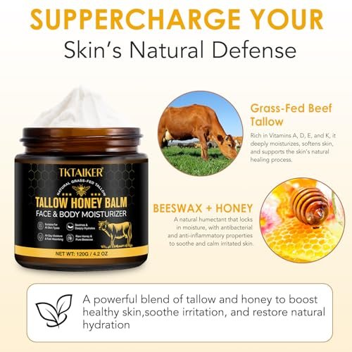 Beef Tallow for Skin & Face – Hydrating Tallow Balm with Raw Honey & Beeswax, Grass-Fed Tallow & Wild Honey Blend, Natural Moisturizer for Dry & Sensitive Skin, Light Scent, 4.2 oz Avelisse