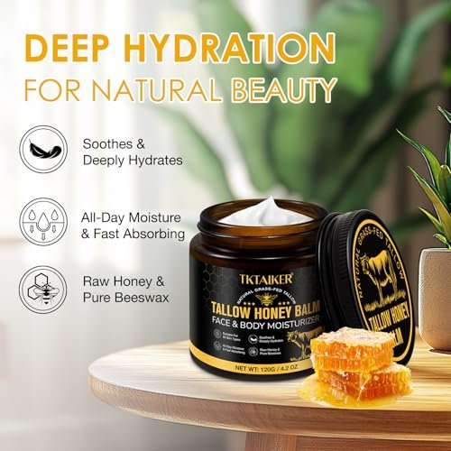 Beef Tallow for Skin & Face – Hydrating Tallow Balm with Raw Honey & Beeswax, Grass-Fed Tallow & Wild Honey Blend, Natural Moisturizer for Dry & Sensitive Skin, Light Scent, 4.2 oz Avelisse