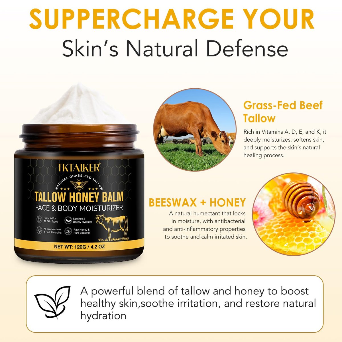 Beef Tallow for Skin & Face – Hydrating Tallow Balm with Raw Honey & Beeswax, Grass-Fed Tallow & Wild Honey Blend, Natural Moisturizer for Dry & Sensitive Skin, Light Scent, 4.2 oz Avelisse